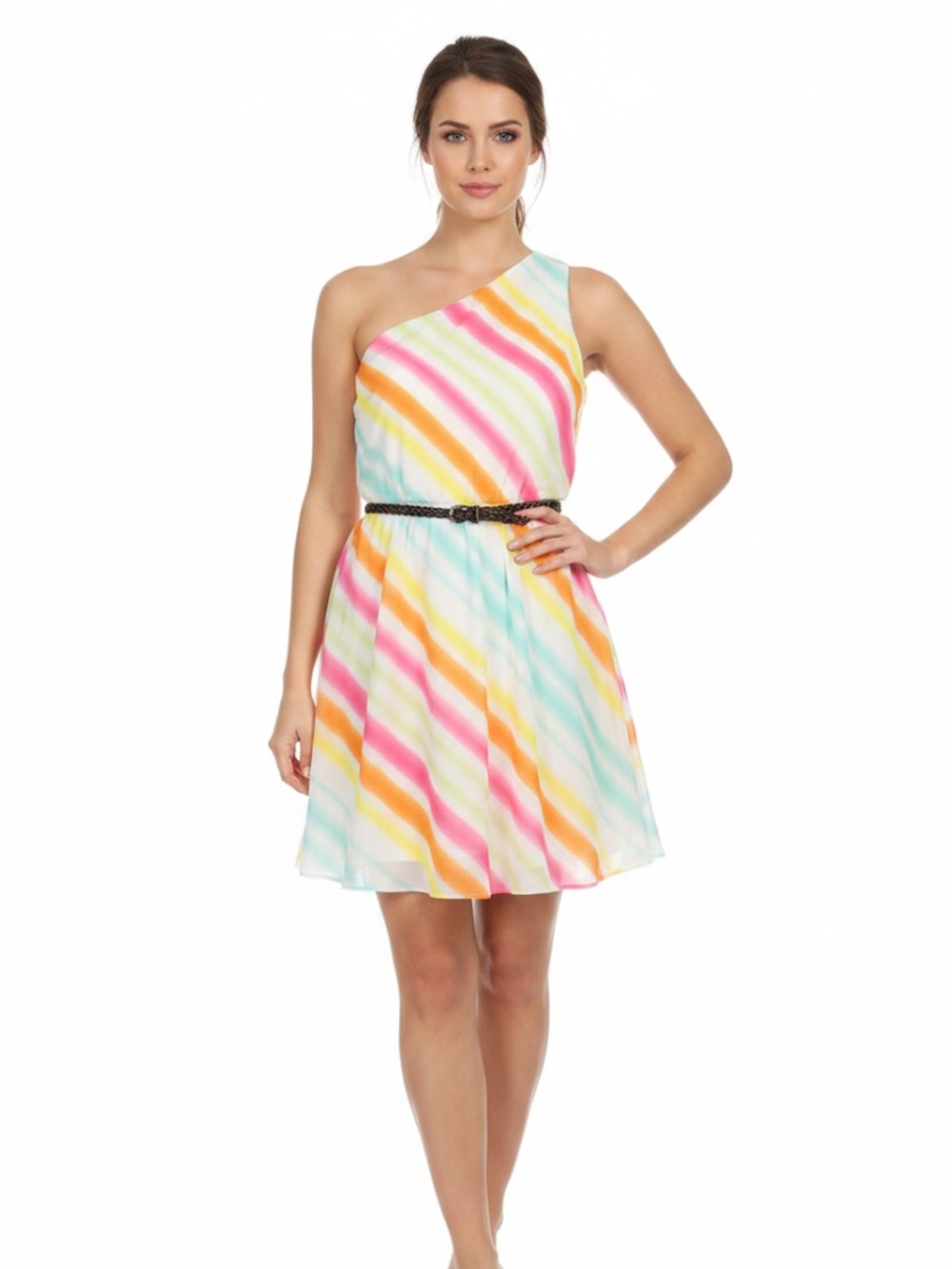 NEW Tommy Hilfiger One shoulder Striped Colorful Rainbow Silk Dress 2